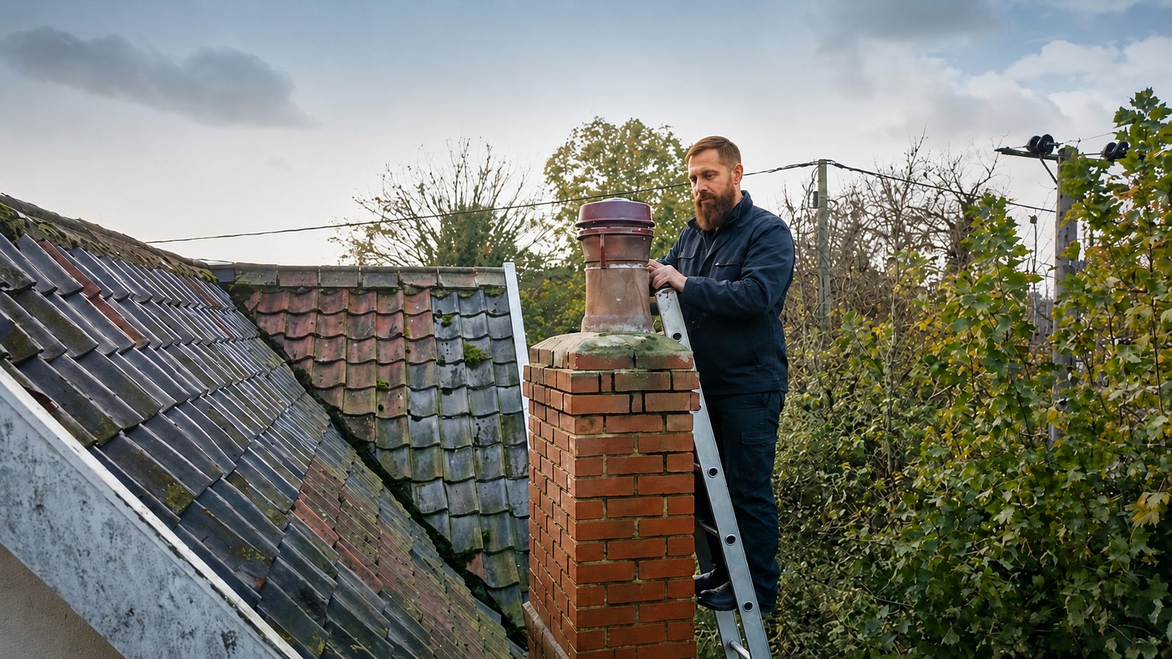 Edward Downing on a ladder sweeping a brick chimney pot from the roof